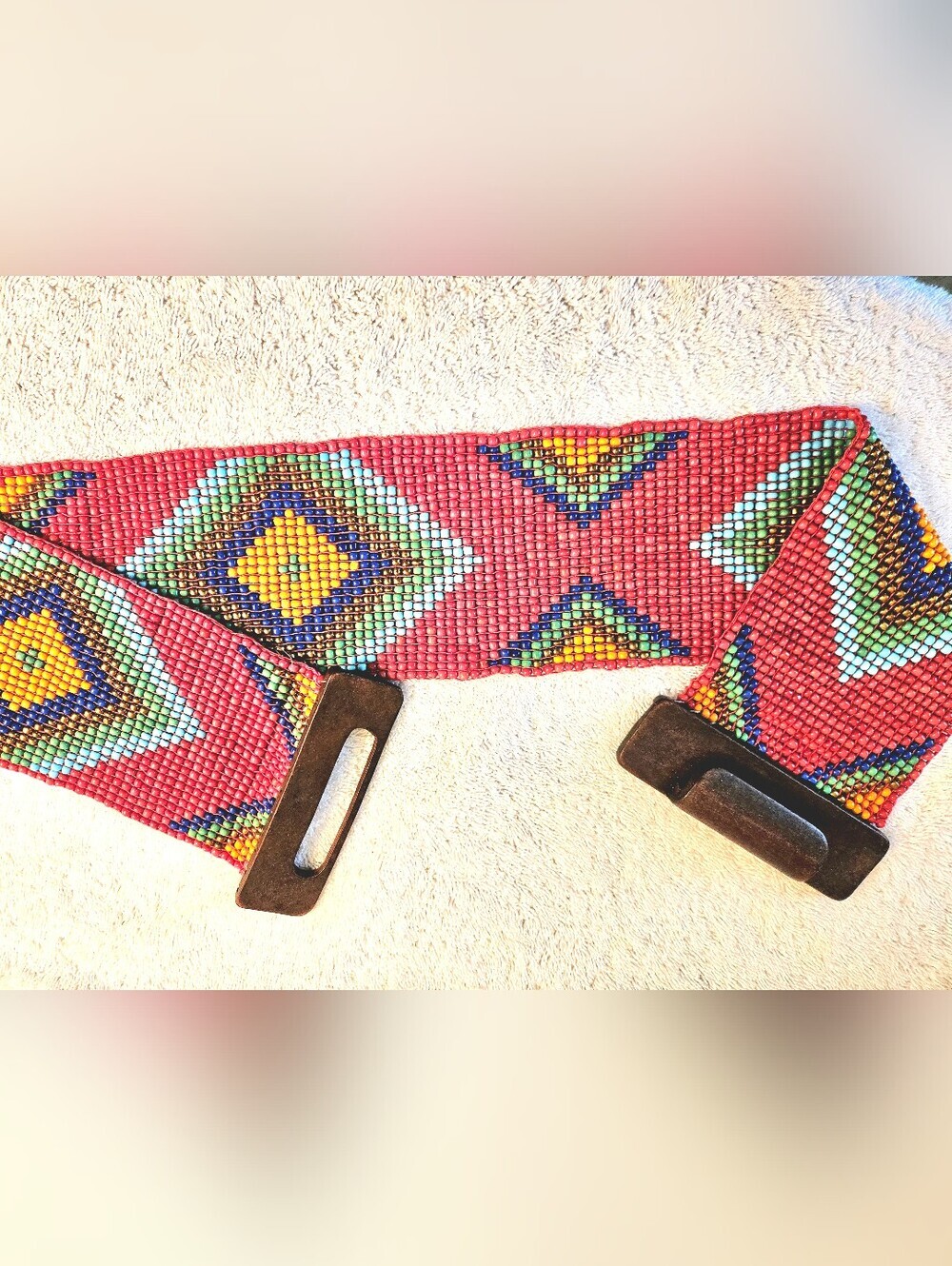 Beaded Handmade Stretch Wide Belt Geometric Wooden Buckle